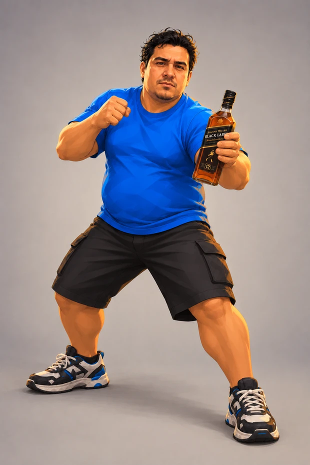 Evelcito, playera azul y short cargo negro